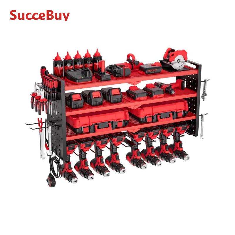 Workshop Electric Tools - ชั้นวางอุปกรณ์เครื่องมือช่างแบบติดผนัง 4 ชั้น SucceBuy พร้อมแผงแขวนเก็บสว่านไฟฟ้า สำหรับโรงรถและห้องทำงาน