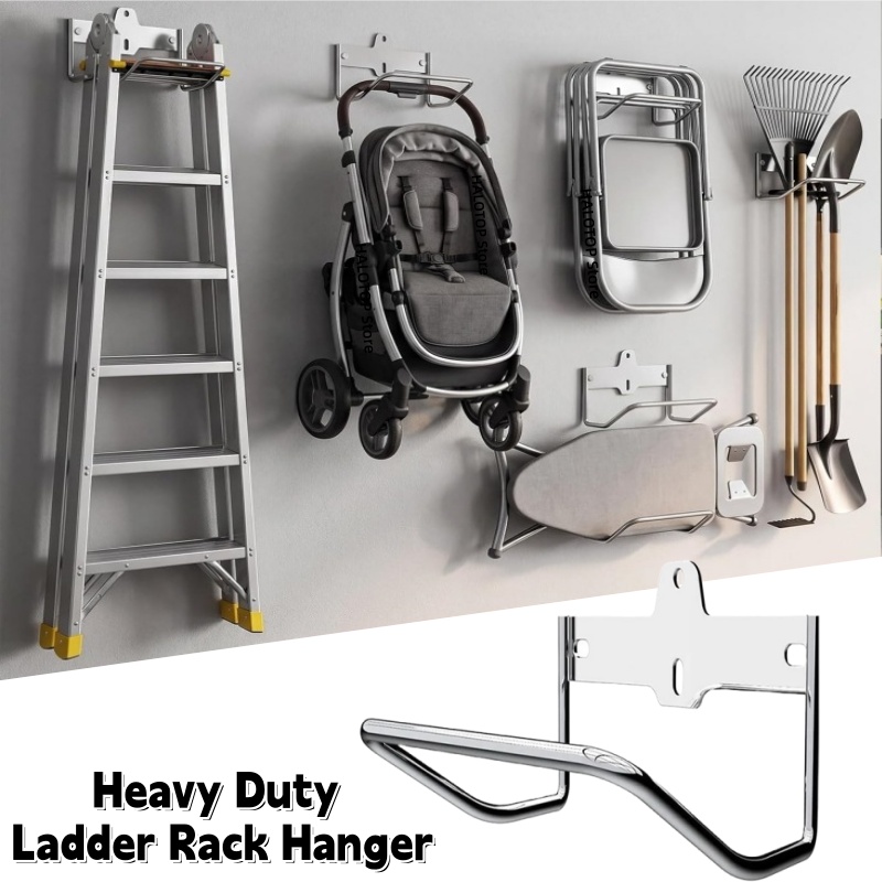 Workshop Tools On Wall - ราวแขวนบันไดโลหะสำหรับงานหนัก, ตะขอแขวนบันไดติดผนัง, อุปกรณ์จัดระเบียบผนังโรงรถ, สำหรับจัดเก็บบันได รถเข็นเด็ก และเก้าอี้พับ