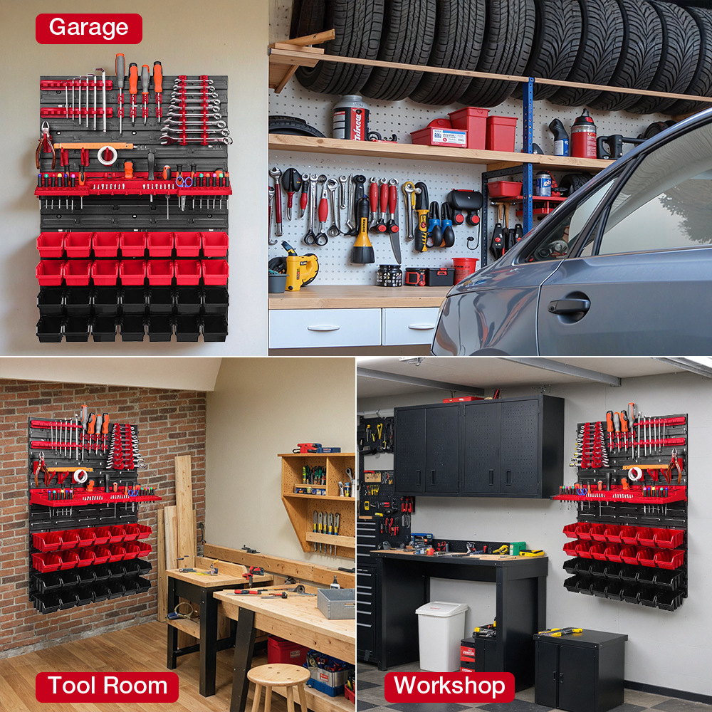 Workshop Tools Shelf - ชั้นวางเครื่องมือติดผนัง ที่เก็บเครื่องมือ 28 กล่องแบบซ้อนได้ ชั้นวางเครื่องมือติดผนัง ระบบจัดเก็บอเนกประสงค์สำหรับโรงงานและโรงรถ